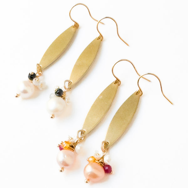 Long Golden Brass Earrings With Freshwater Pearls