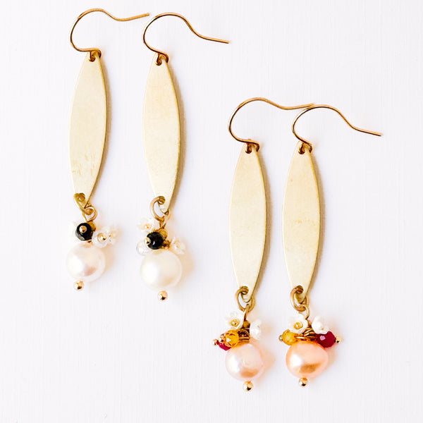 Long Golden Brass Earrings With Freshwater Pearls