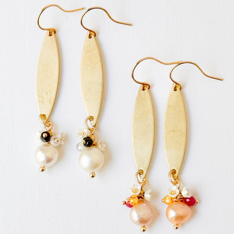 Long Golden Brass Earrings With Freshwater Pearls