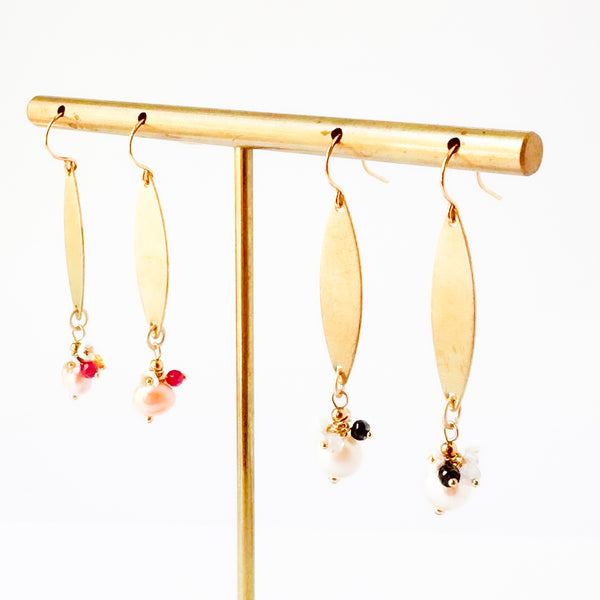 Long Golden Brass Earrings With Freshwater Pearls
