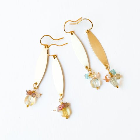 Long Golden Brass Earrings With Crystals And Pearls