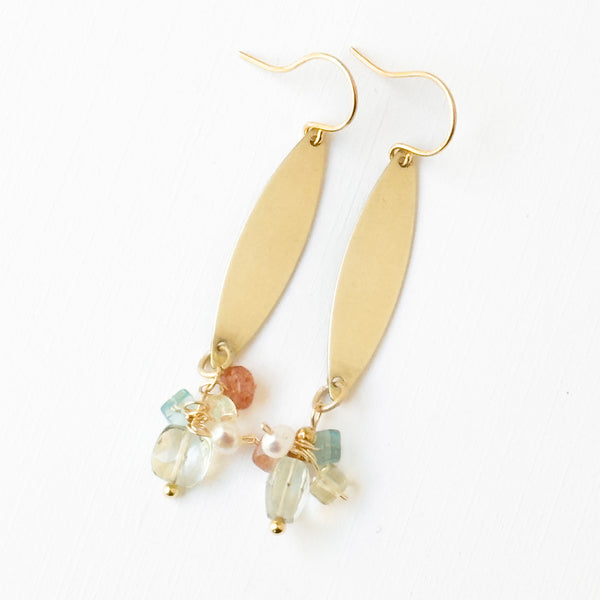 Long Golden Brass Earrings With Crystals And Pearls