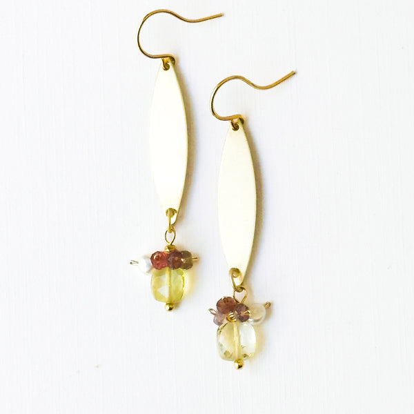 Long Golden Brass Earrings With Crystals And Pearls