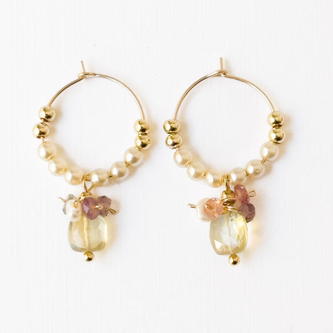 Gold Filled Hoops with Pearls, Crystals & Green Glass