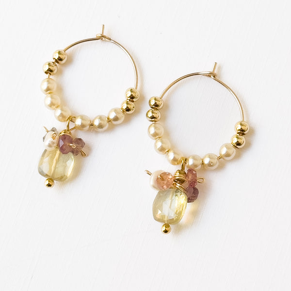 Gold Filled Hoops with Pearls, Crystals & Green Glass