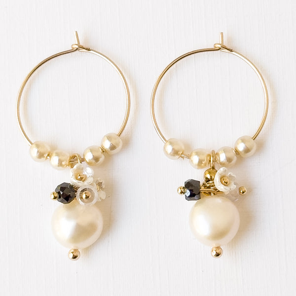 Gold Filled Hoops with a white Pearls, Crystals and a black bead