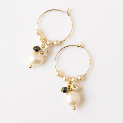 Gold Filled Hoops with a white Pearls, Crystals and a black bead