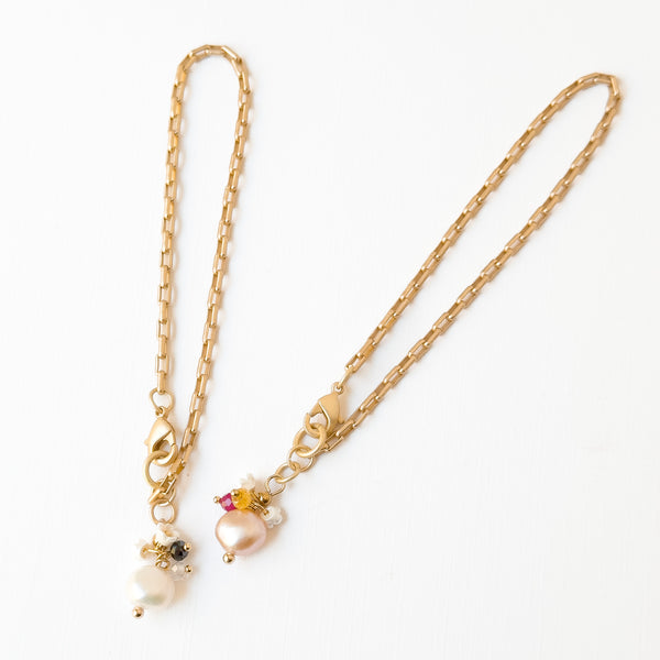 24K Gold Plated Paperclip Chain Bracelet with Pearl Charms