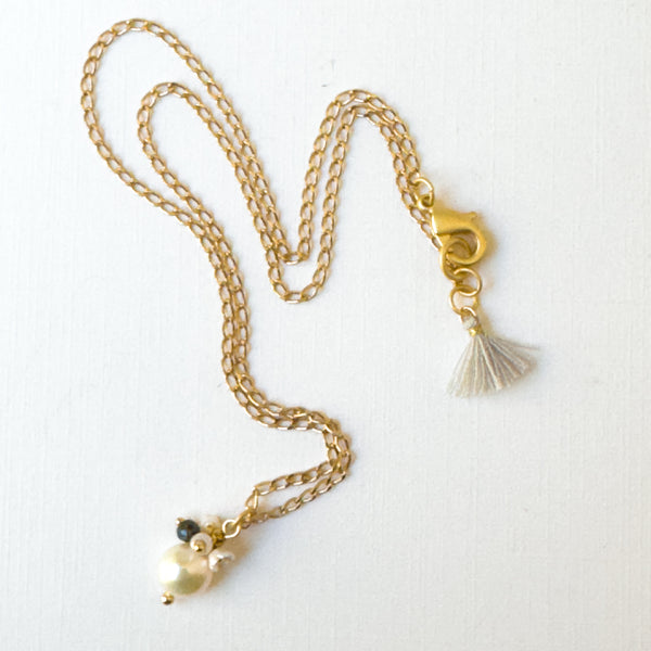 Dainty Gold Plated Pearl Necklace with Crystal Flowers and Tassel