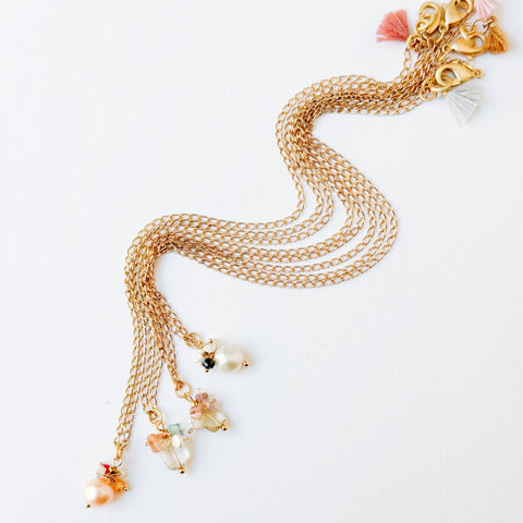 Dainty Gold Plated Pearl Necklace with Crystal Flowers and Tassel