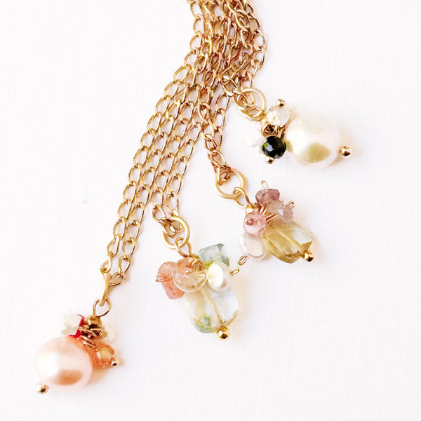 Dainty Gold Plated Pearl Necklace with Crystal Flowers and Tassel