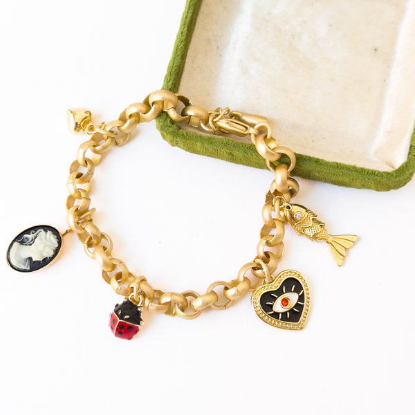 Gold Charm Bracelet with Heart, Cameo & Fish Charms