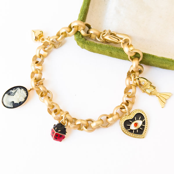Gold Charm Bracelet with Heart, Cameo & Fish Charms