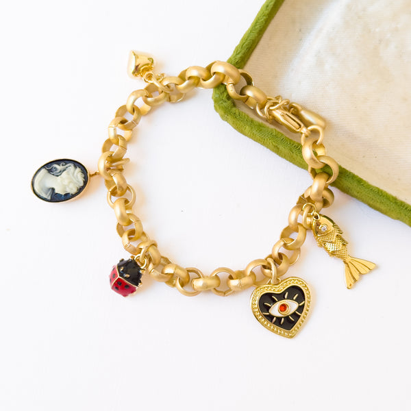 Gold Charm Bracelet with Heart, Cameo & Fish Charms