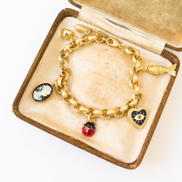 Gold Charm Bracelet with Heart, Cameo & Fish Charms