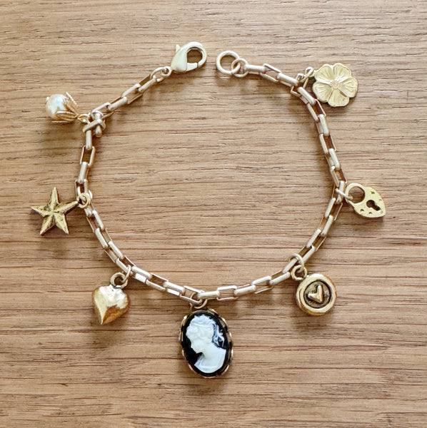 Gold Charm Bracelet with Heart & Cameo Charms