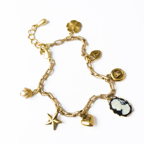 Gold Charm Bracelet with Heart & Cameo Charms