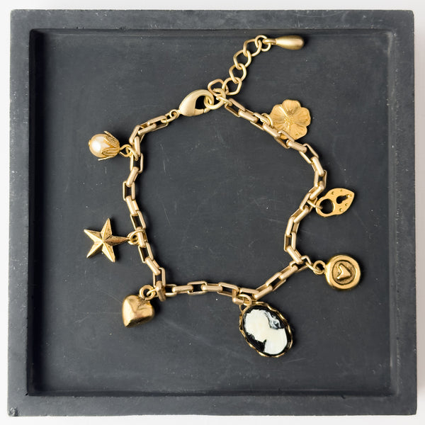 Gold Charm Bracelet with Heart & Cameo Charms