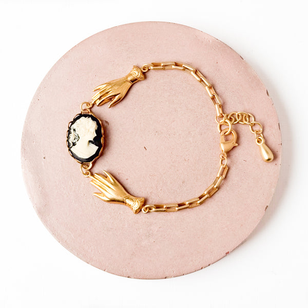 24K Satin Gold Paparclip Charm Bracelet with Cameo & Hands