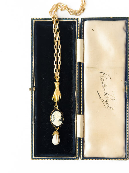 24K Satin Gold Cameo & Hand Charm Necklace