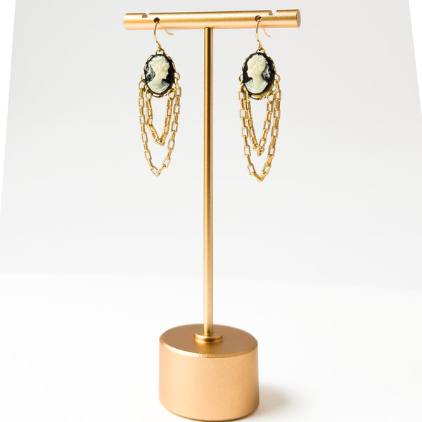 Cameo Earrings with Double 24K Gold Plated Chains
