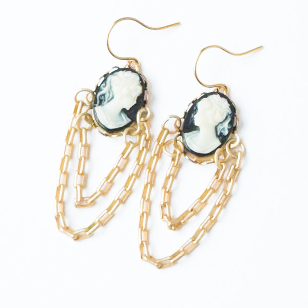 Cameo Earrings with Double 24K Gold Plated Chains