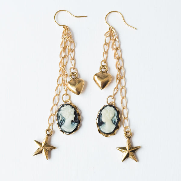 Long Cameo Charm Earrings with Heart, Star & Gold Chains