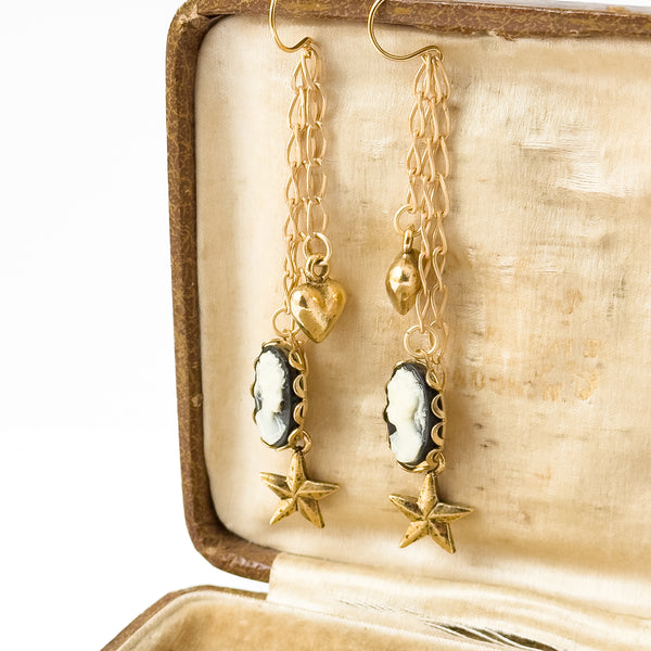 Long Cameo Charm Earrings with Heart, Star & Gold Chains