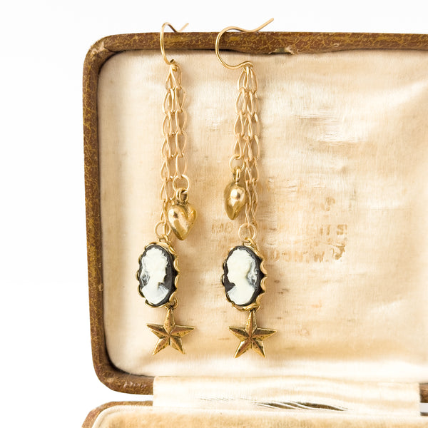 Long Cameo Charm Earrings with Heart, Star & Gold Chains