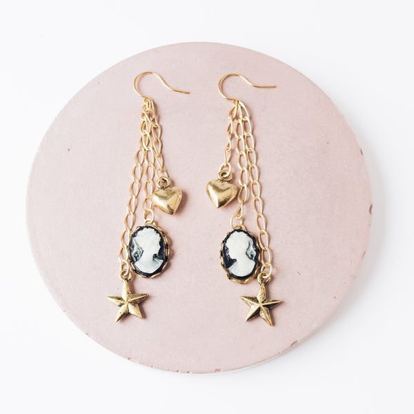 Long Cameo Charm Earrings with Heart, Star & Gold Chains