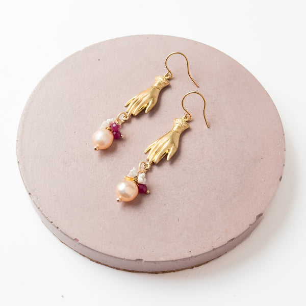 Gold Hand Earrings with Pearls and Gemstone Drops