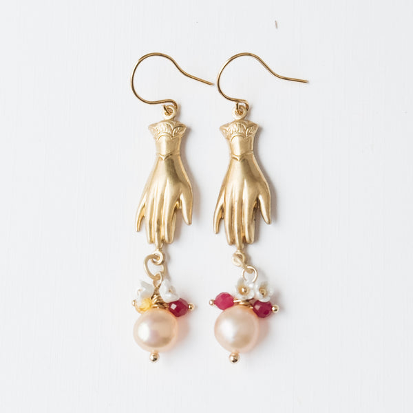 Gold Hand Earrings with Pearls and Gemstone Drops