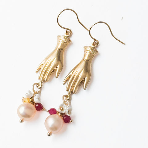 Gold Hand Earrings with Pearls and Gemstone Drops