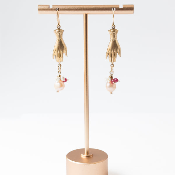 Gold Hand Earrings with Pearls and Gemstone Drops