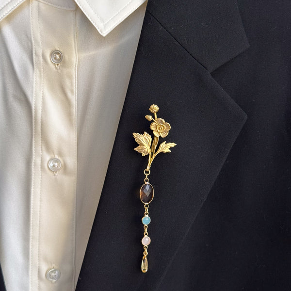 Gold Flower Brooch with Colorful Glass Stones and Yellow Crystal Drop