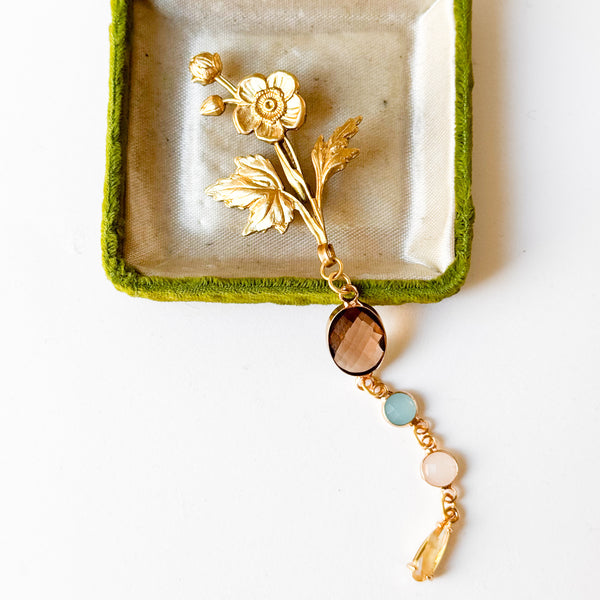 Gold Flower Brooch with Colorful Glass Stones and Yellow Crystal Drop