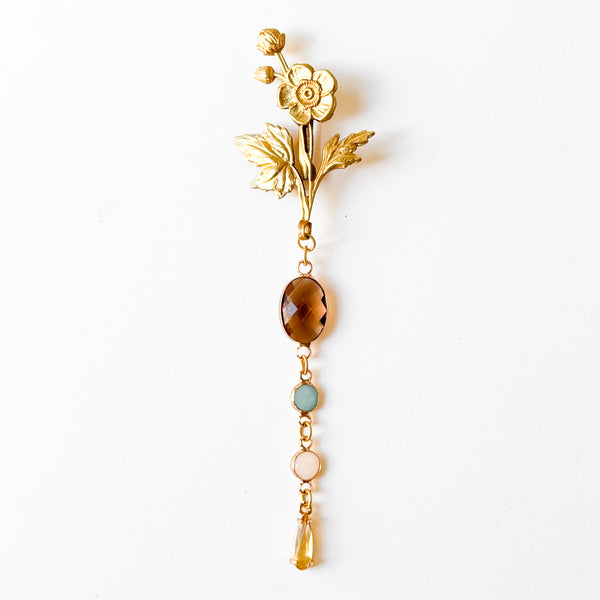 Gold Flower Brooch with Colorful Glass Stones and Yellow Crystal Drop