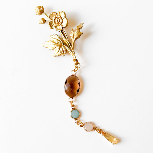Gold Flower Brooch with Colorful Glass Stones and Yellow Crystal Drop