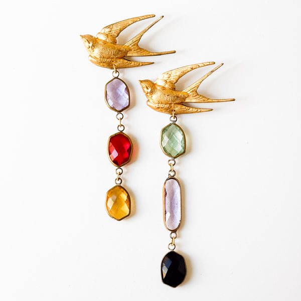 Gold Swallow Bird Brooch with Colorful Glass Stones