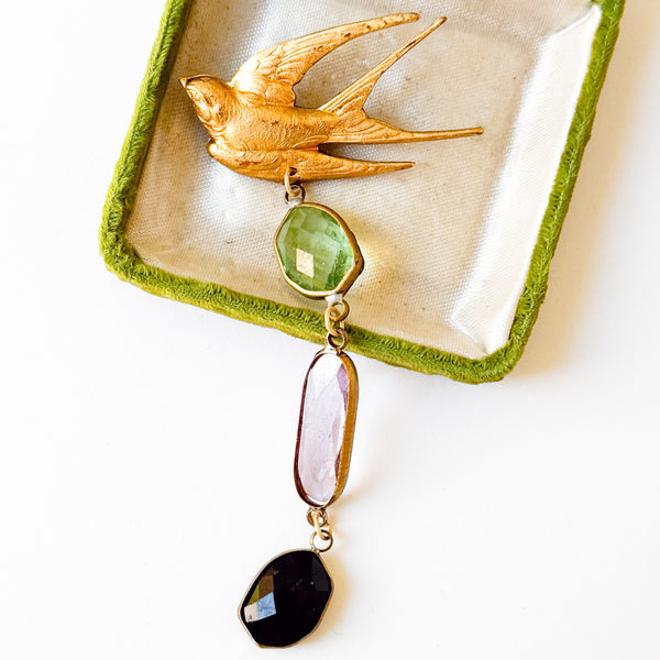 Gold Swallow Bird Brooch with Colorful Glass Stones