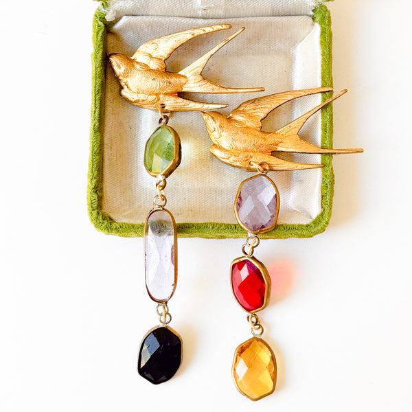 Gold Swallow Bird Brooch with Colorful Glass Stones