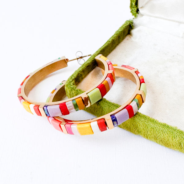 Big Statement Gold Plated Colorful Tila Bead Hoops