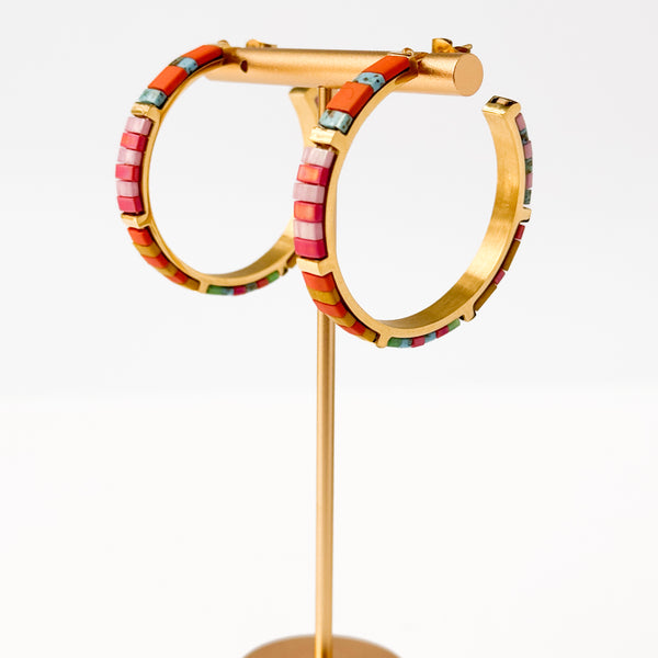 Big Turquoise Tila Bead Hoop Earrings, Gold-Plated, Handmade, Statement