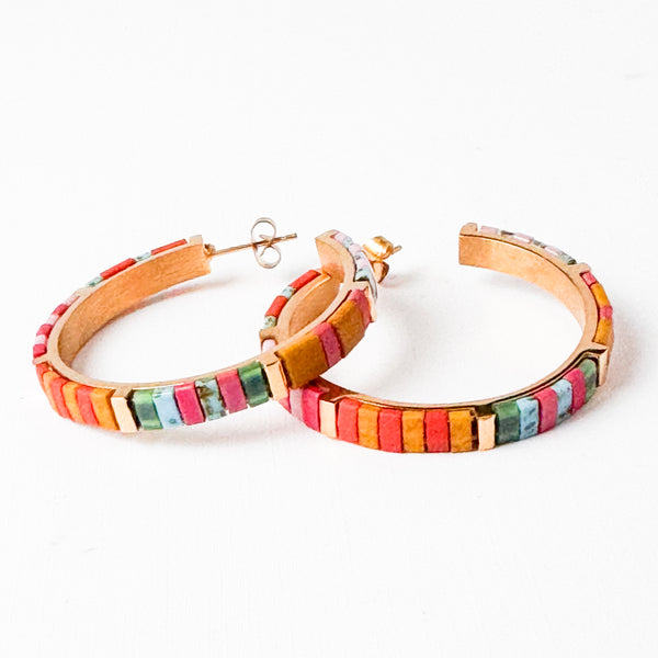 Big Turquoise Tila Bead Hoop Earrings, Gold-Plated, Handmade, Statement