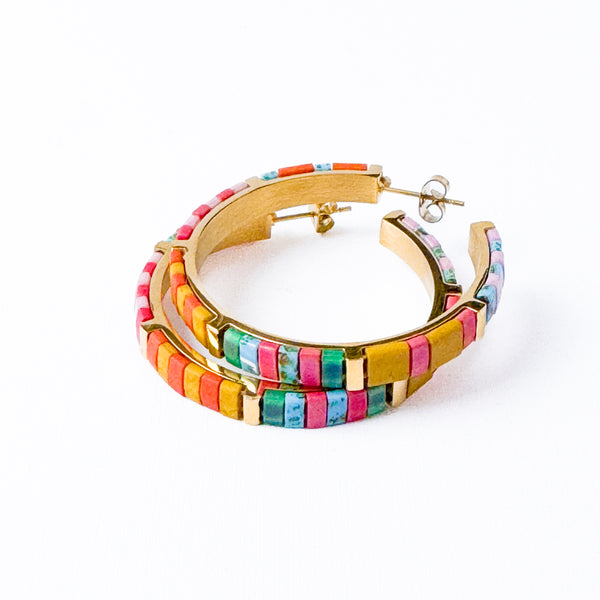 Big Turquoise Tila Bead Hoop Earrings, Gold-Plated, Handmade, Statement