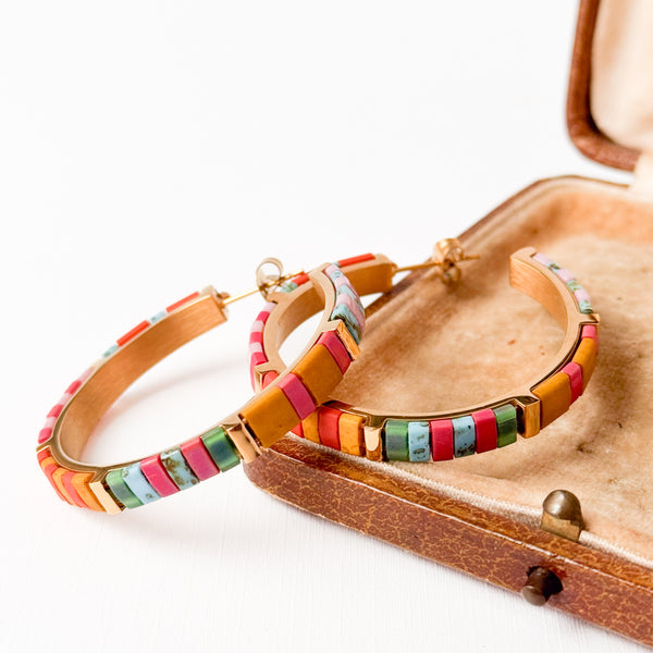 Big Turquoise Tila Bead Hoop Earrings, Gold-Plated, Handmade, Statement