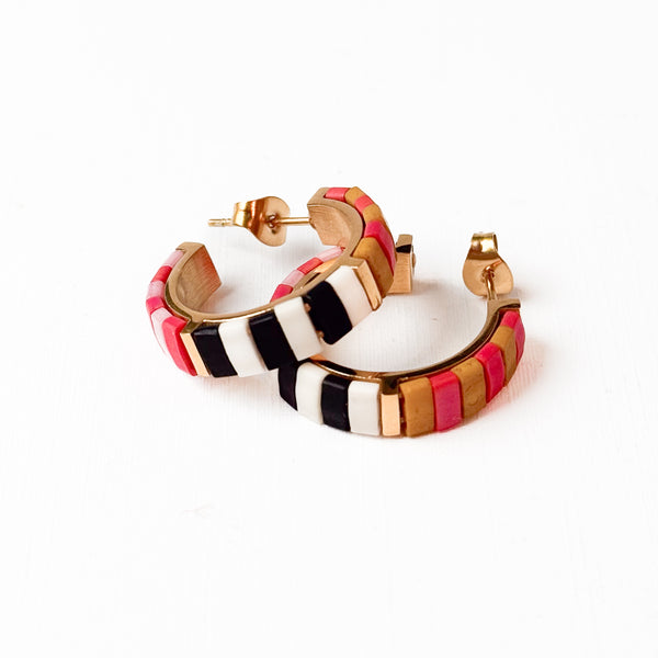 Small B&W Tila Bead Hoop Earrings Gold-Plated, Handmade