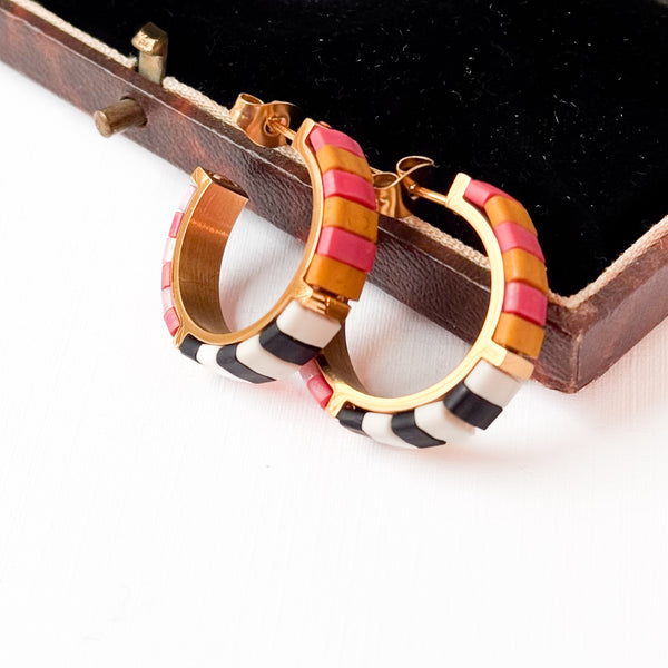 Small B&W Tila Bead Hoop Earrings Gold-Plated, Handmade