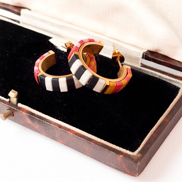 Small B&W Tila Bead Hoop Earrings Gold-Plated, Handmade