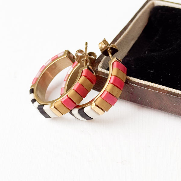 Small B&W Tila Bead Hoop Earrings Gold-Plated, Handmade